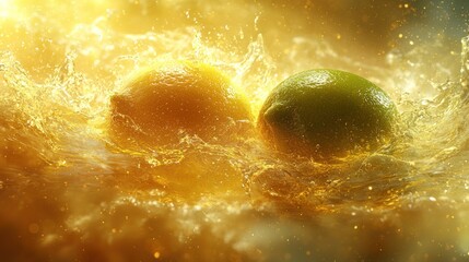 Obraz premium Fresh Lemon and Lime Splashing in Water with a Golden Glow