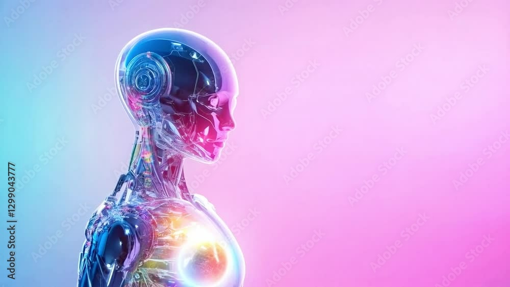 Poster a futuristic robot with transparent skin showcases bioengineering concepts for surrogate pregnancy. 