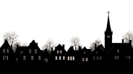 Fototapeta premium The dark rooftops and a church steeple form a silhouette against the white sky, with the house windows emitting a warm glow