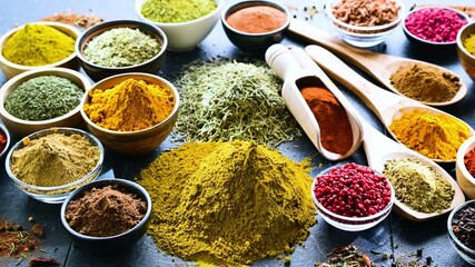 Composition with assortment of spices and herbs.