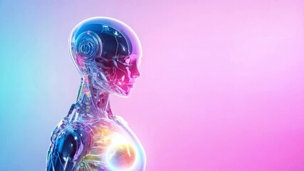 A futuristic robot with transparent skin showcases bioengineering concepts for surrogate pregnancy. Its design integrates advanced technology, emphasizing the potential of synthetic life.