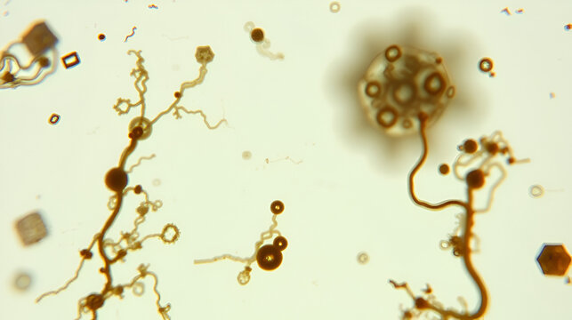 Microscopic fungi Malassezia furfur, showing yeast cells and hyphae. dermatophytes, Nail scraping or skin scraping for fungus test in microbiology laboratory
