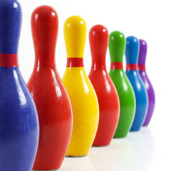colorful bowling pins isolated on white background. A row of colorful bowling pins are lined up on a white background.