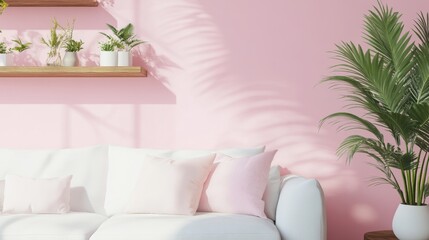 Cozy Living Room with Pink Wall and Green Plants for Home Decor