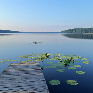 Serene lake view; wooden dock amidst tranquil water lilies