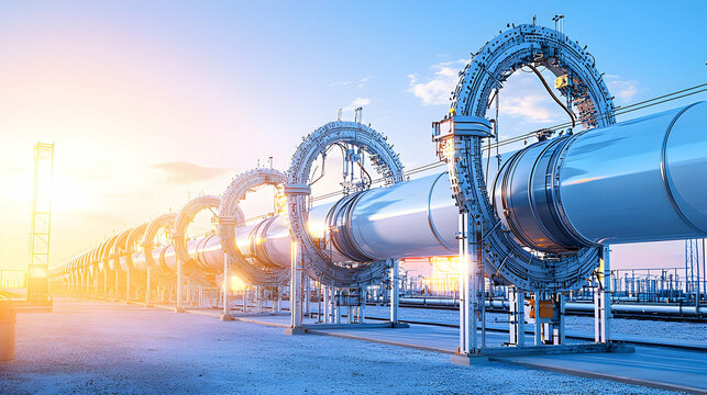 Longitudinal Perspective Of Metallic Pipelines Against A Blue Sky With Golden Sunset Light