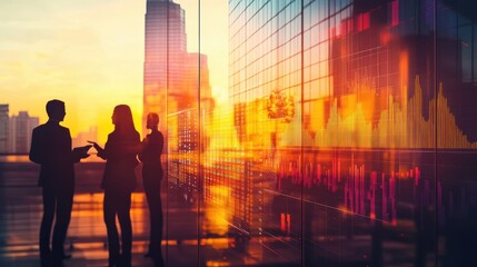 Business trends and data analysis are depicted in this image, showcasing graph overlay with silhouettes of people in professional setting. warm sunset light adds dynamic atmosphere
