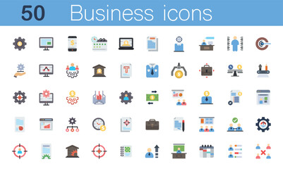 Set of 50 color icons of business or organization management. Contains strategy, marketing, business, planning, training, employee icons, goals, achievements, settings, presentation. Vector