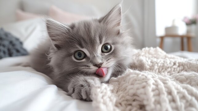 Cute Grey Kitten Licking Nose on Soft Blanket Indoor Portrait