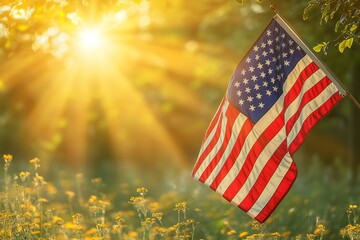 On Labor Day, the US flag is backlit in the outdoors. Generative Ai
