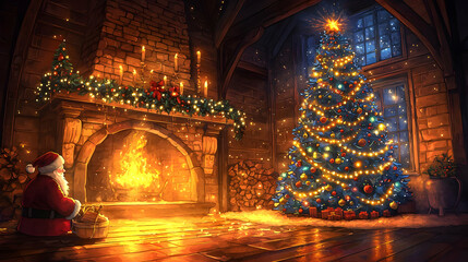 Obraz premium Festive Christmas Interior Scene with Decorated Tree Fireplace and Glowing Lights