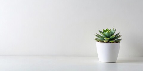 A serene succulent in a minimalist white pot rests on a pristine white surface against a bright white wall, providing a clean and simple aesthetic.