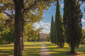 Obraz premium Charming Summer Villa Surrounded by Cypress Trees and Lush Green Fields Under a Bright Blue Sky