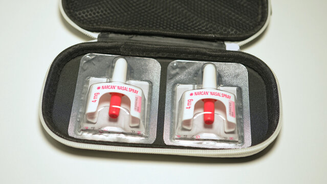 Narcan nasal spray at emergency kit bag Narcan Naloxone used for opioid drugs overdose. Rescue recovery medication for narcotic opiates or fentanyl overdose: Toronto, Ontario, Canada - March 23, 2024