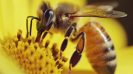 Naklejka premium Honeybee on yellow flower, close-up; intricate detail visible