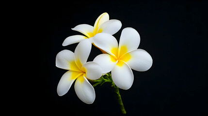 Naklejka premium Three White Plumeria Flowers with Yellow Centers on Black Background