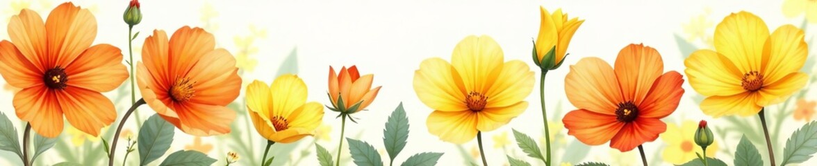 Vibrant yellow and orange watercolor flowers in full bloom, spring, bright