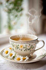 Fototapeta premium Enjoy the beauty of fresh daisies paired with a hot cup of tea.