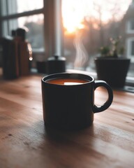 Cozy morning scene featuring a steaming cup of coffee on a wooden table by a sunlit window