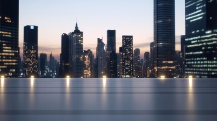 Naklejka premium Night skyline with illuminated buildings creates a stunning urban view, with city lights
