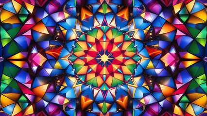 Multicolored kaleidoscope design, geometric shapes and symmetrical designs ideal for abstract art or creative visuals