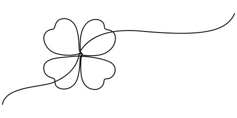 Continuous one line drawing of four leaf clovers. Isolated on white background vector illustration, Three leaves clover, Good luck floral symbol in simple linear style. Concept for web banner Saint.