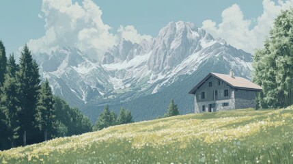 Alpine chalet nestled in a flower meadow, majestic mountains in the background