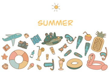 Colorful beach items and accessories elements in doodle style. Hand drawn beach items and sports equipment. Summer vacation essentials. Vector