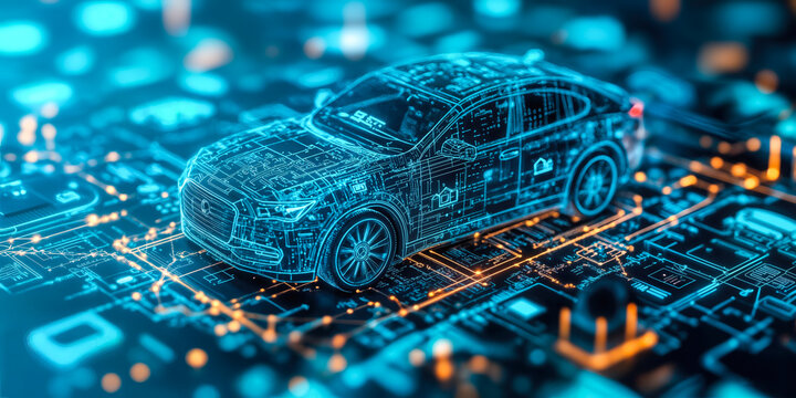 Futuristic Smart Car Technology Integration with Digital Circuit Board Representing Automotive and Smart Home Convergence