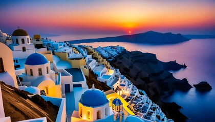 Obraz premium Stunning Santorini Sunset Aegean Sea Whitewashed Churches Cliffside Architecture