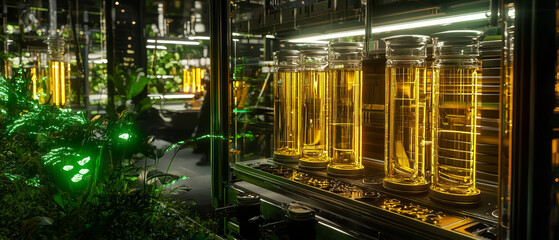 Bio-luminescent plants flank glowing golden liquid in futuristic glass tubes