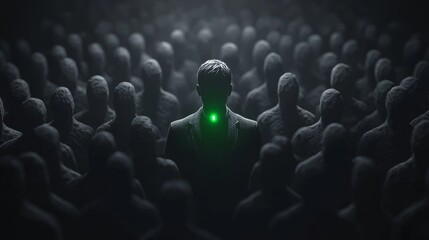 Obraz premium A man donning a green suit emerges from a grayscale crowd, embodying individuality, leadership, and contrast against a monochromatic backdrop