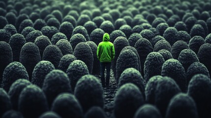 Obraz premium A man donning a vivid green jacket becomes the focal point in a group of people dressed in grayscale, all facing away, forming a powerful contrast and symbolic imagery