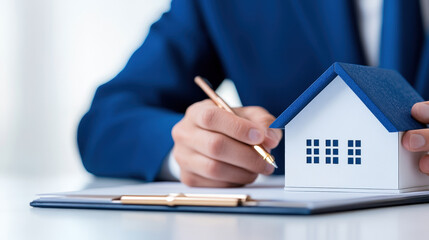 Fototapeta premium legal professional reviewing property inheritance documents with model house