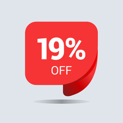 19% off discount, nineteen percent chat balloon. Special offer sale red tag. Concept of the price list for discounts. Advertising campaign, sales, label offer. Vector illustration.