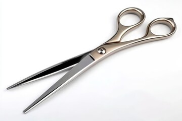 Scissors positioned on a pure white canvas.