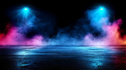 Abstract Smoke Stage With Colorful Lights And Reflection On Black Background