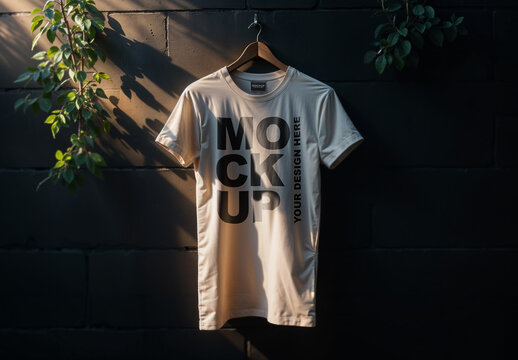 Simple Beige T-shirt Mockup on a Black Wall with Plants Natural Light and Shadows