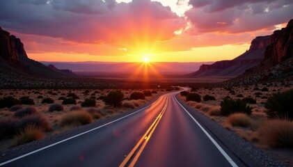 Desert landscape with winding road through Palu Duro Canyon at sunset, landscapes, desert canyon road west texas sunsets, texas high plains