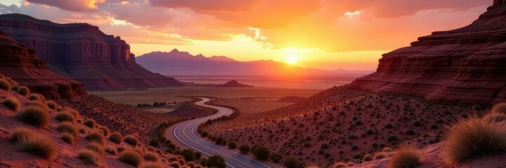 Desert landscape with winding road through Palu Duro Canyon at sunset,, landscapes