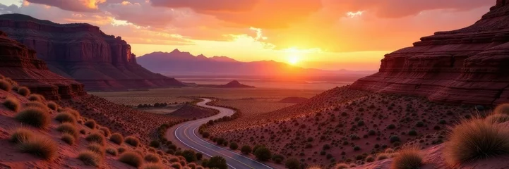 Selbstklebende Fototapeten Desert landscape with winding road through Palu Duro Canyon at sunset,, landscapes © The Art of AI