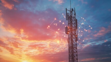 A telecommunications tower against a sunset sky, with digital connection overlays