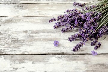 Obraz premium A rustic table adorned with a bunch of lavender flowers. 