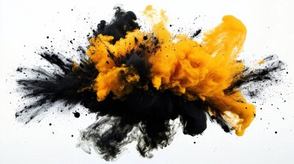 A striking black and yellow smoke explosion against a pristine white backdrop.