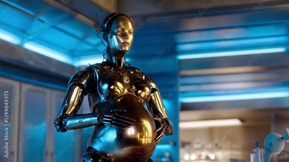Poster in a futuristic laboratory, a synthetic robot with a visible pregnant belly stands.