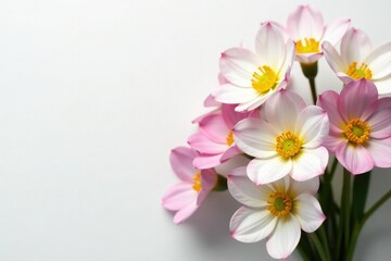 Freesia flowers in a loose bouquet on a soft white background with subtle grey undertones, naturalistic, whimsical, florals