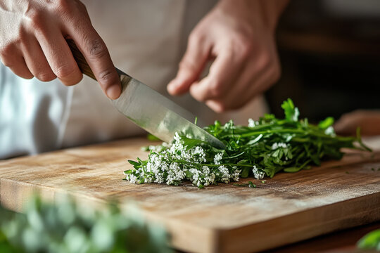 Chef preparing water dropwort on a wooden chopping board