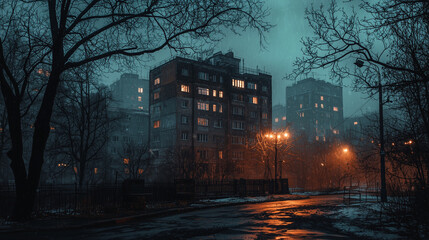 Moody urban night scene with old Soviet-style apartment buildings, glowing windows, wet streets, and bare trees in the cold rain