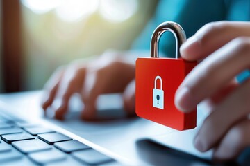 Hacker data center power threat. Hand holding a padlock over a laptop, symbolizing security and protection.