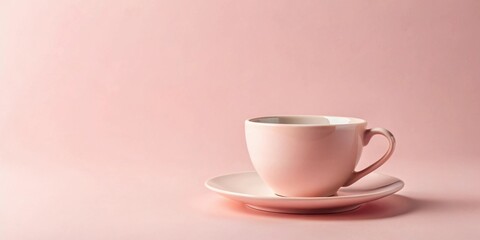 Fototapeta premium A delicate pink teacup rests on a matching saucer against a soft pink backdrop